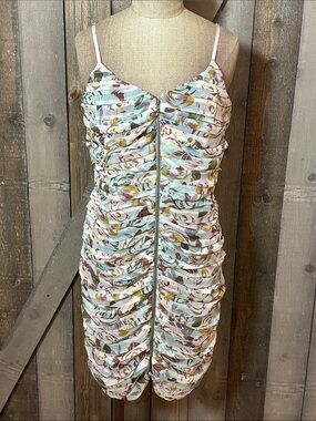Boston Proper Ruched Bodycon Floral Mini Dress Coquette Party Cocktail Size 8